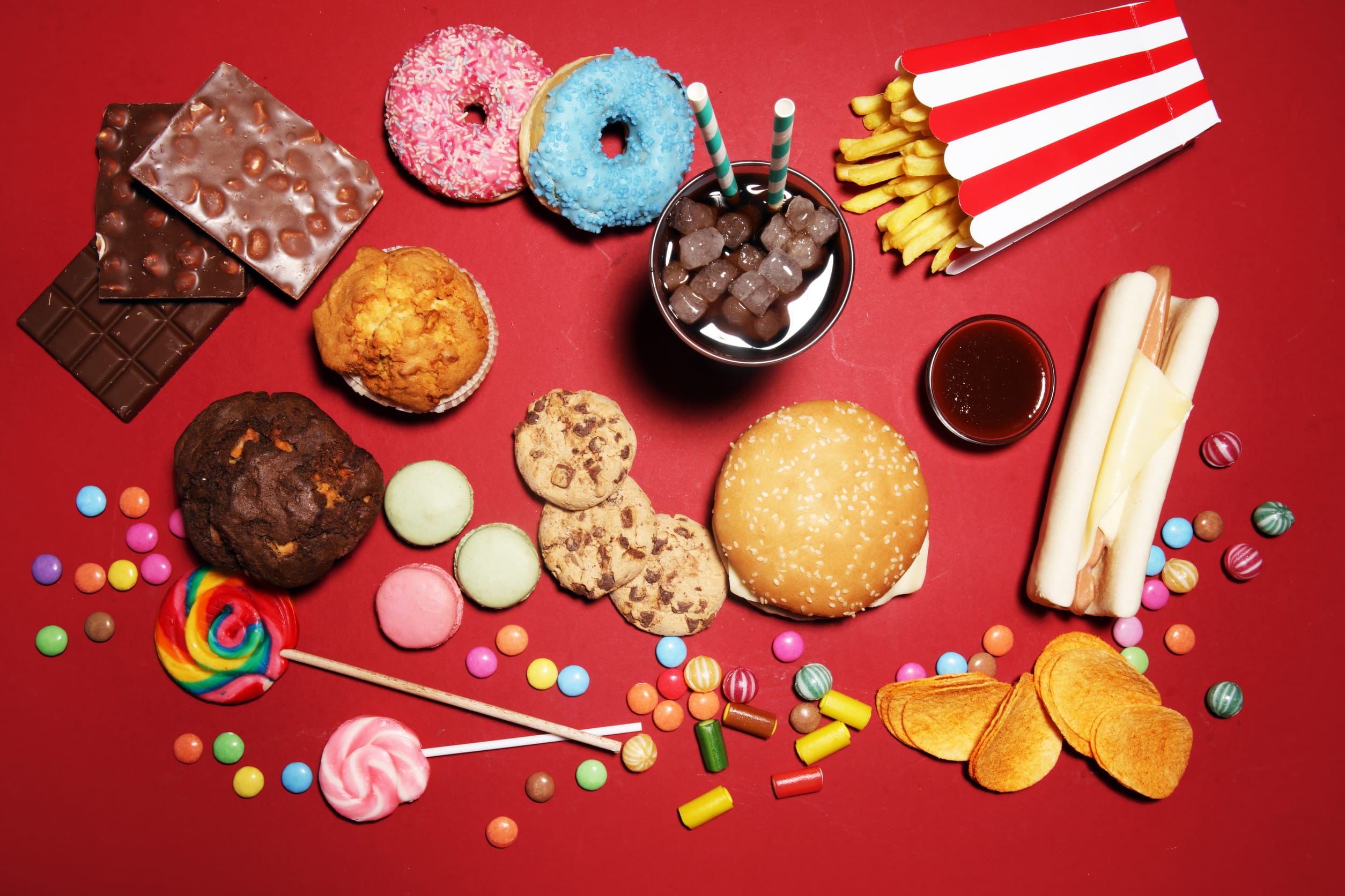 Unhealthy products. food bad for figure, skin, heart and teeth. Assortment of fast carbohydrates food. junk food tax