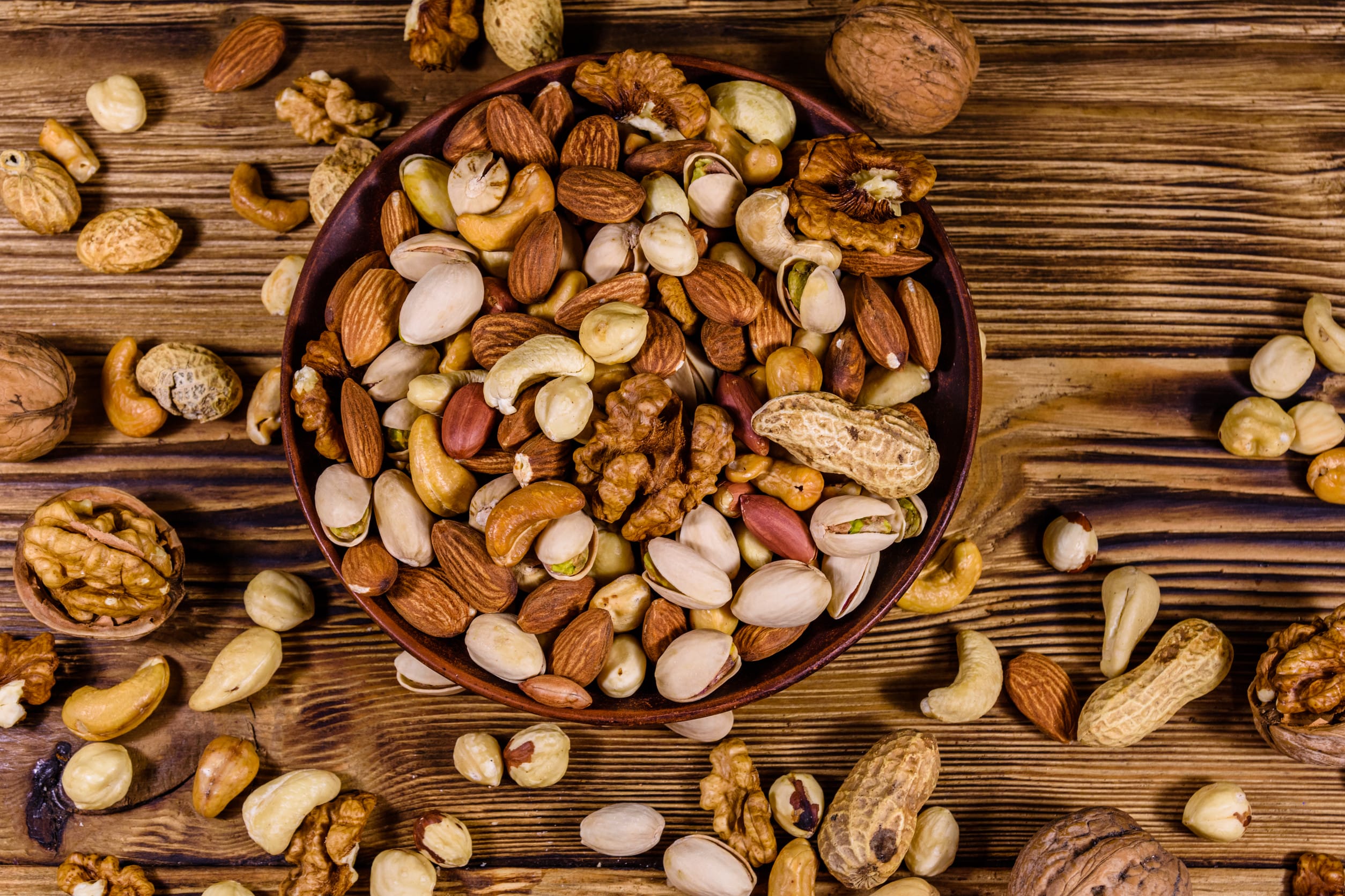 Various nuts (almond, cashew, hazelnut, pistachio, walnut) in ce stock up on foods