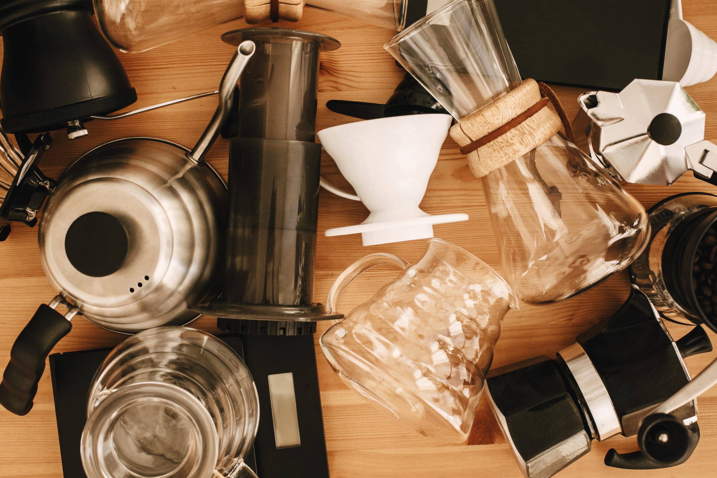 Alternative coffee brewing method set, flat lay. Stylish accesso best kitchen gadgets